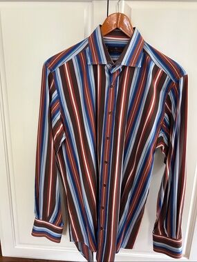 Etro Men's Multi-Stripe Dress Shirt in Brown, Blue & White